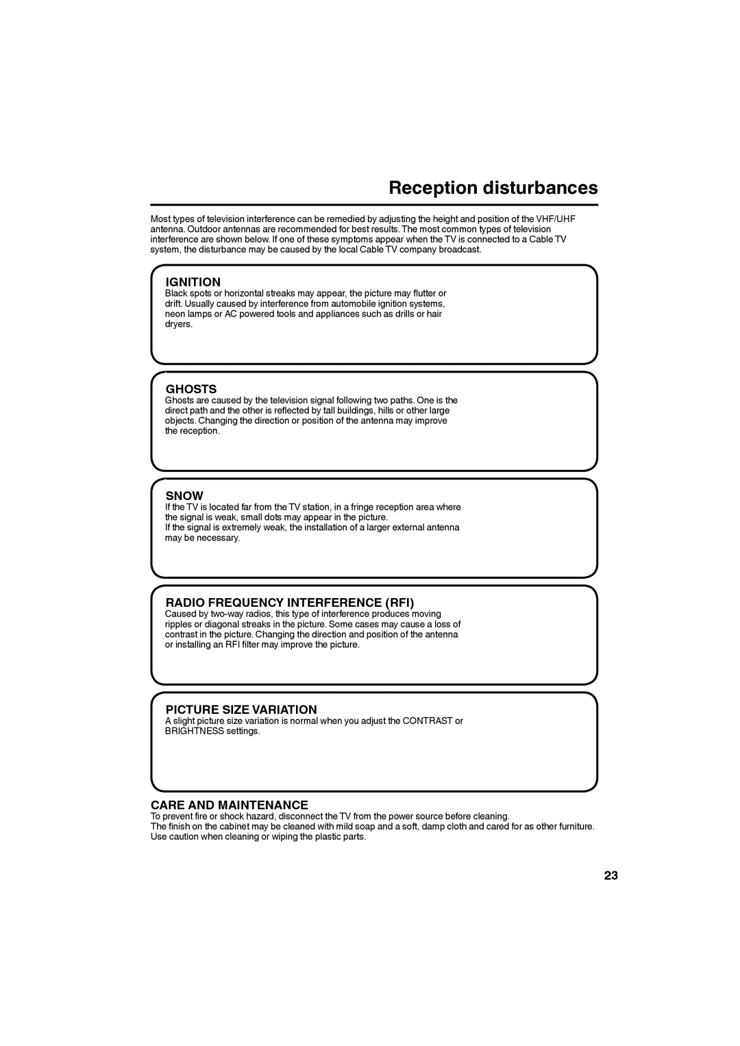 Sansui HDLCD185W owner manual Reception disturbances, Ignition 