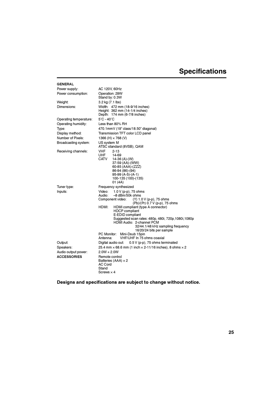 Sansui HDLCD185W owner manual Specifications, General, Accessories 