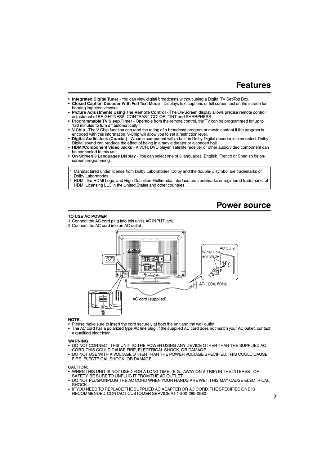 Sansui HDLCD185W owner manual Features, Power source, To USE AC Power 