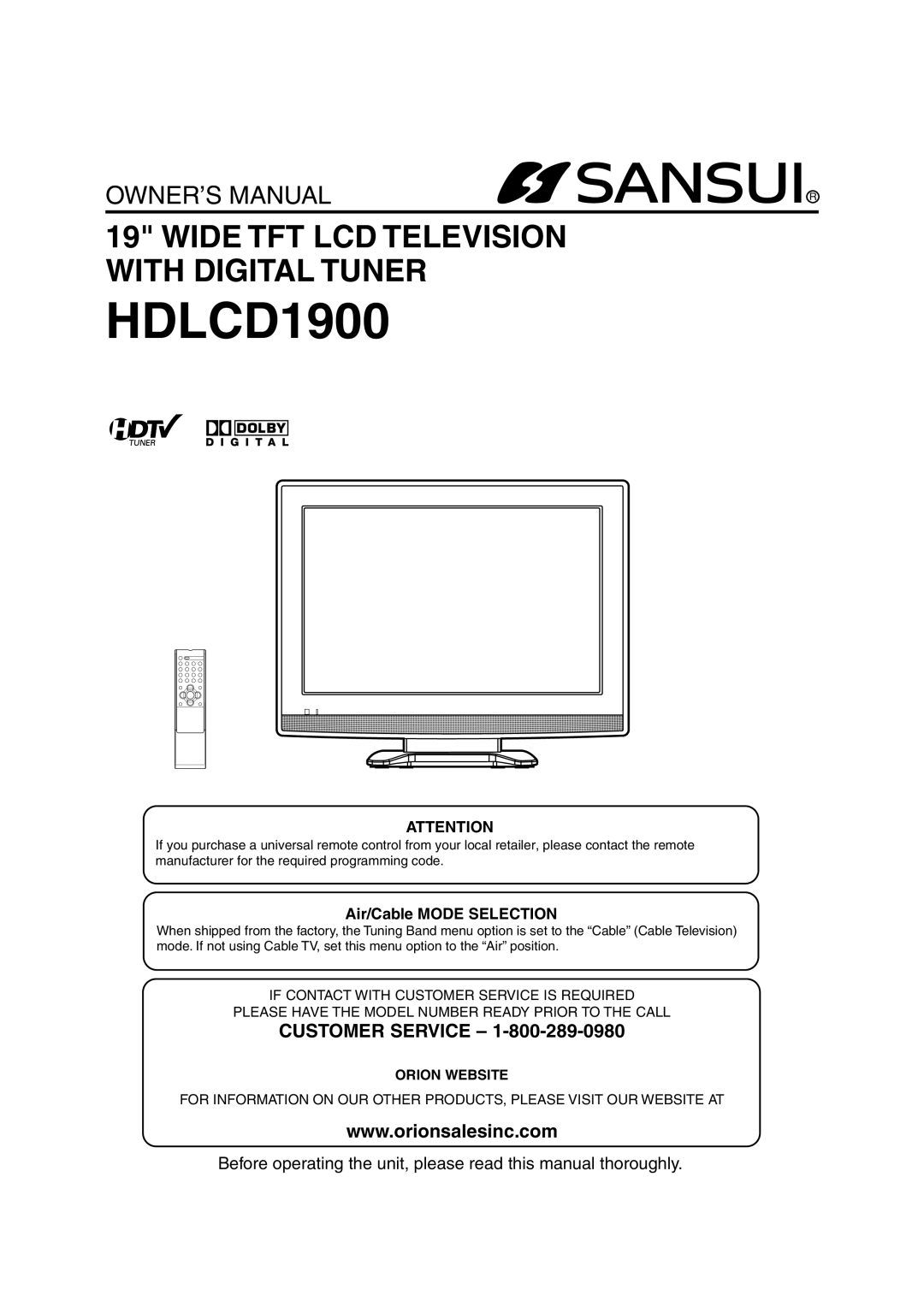 Sansui HDLCD1900 owner manual Customer Service, Air/Cable Mode Selection 