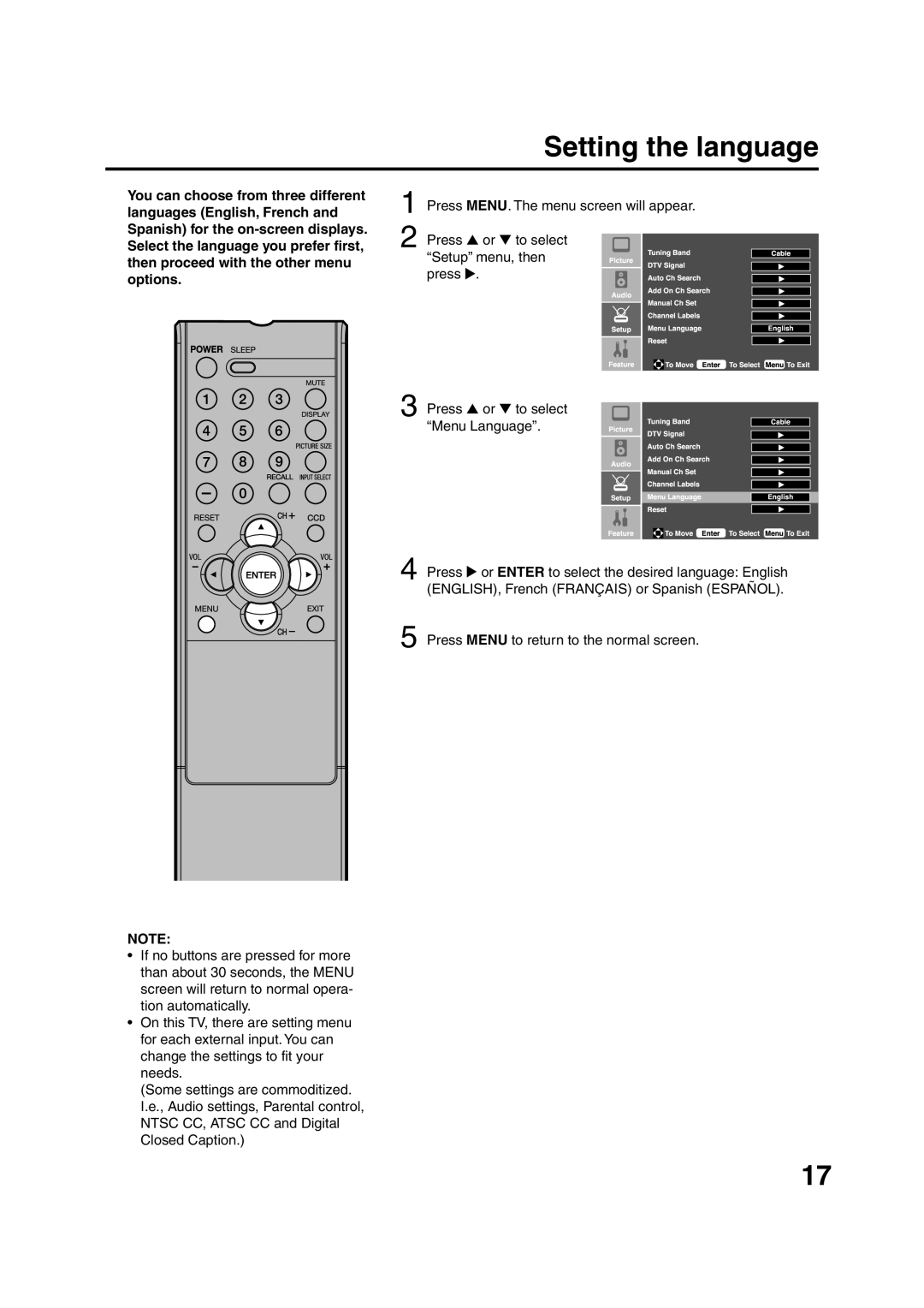 Sansui HDLCD1900 owner manual Setting the language, Press Menu to return to the normal screen 