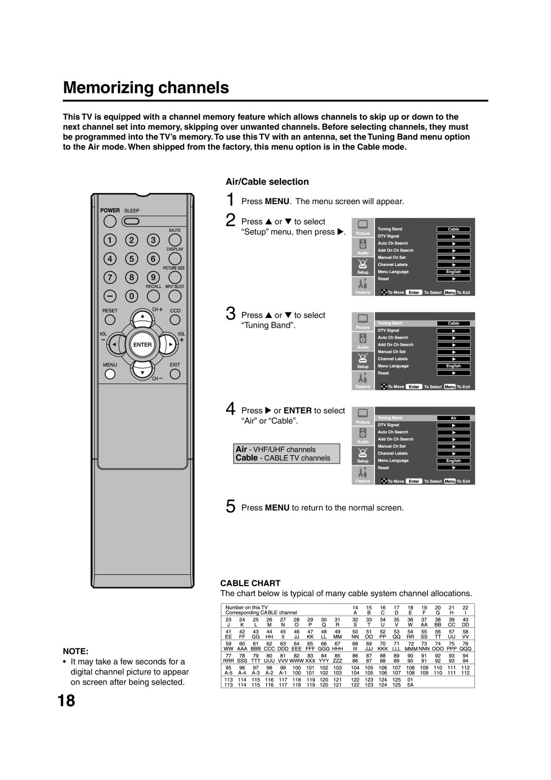 Sansui HDLCD1900 owner manual Memorizing channels, Air/Cable selection, Press MENU. The menu screen will appear 