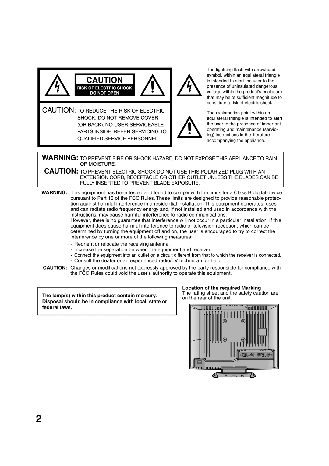 Sansui HDLCD1900 owner manual SHOCK, do not Remove Cover, Or BACK. no USER-SERVICEABLE, Qualified Service Personnel 