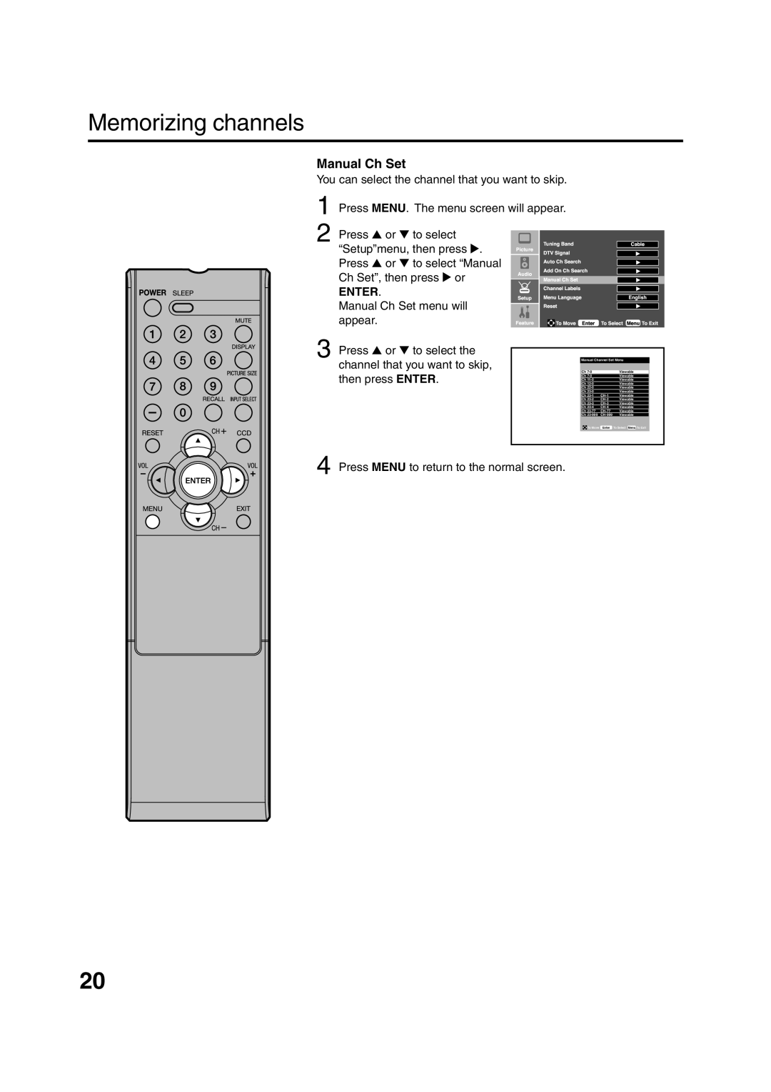 Sansui HDLCD1900 owner manual Manual Ch Set, Enter 