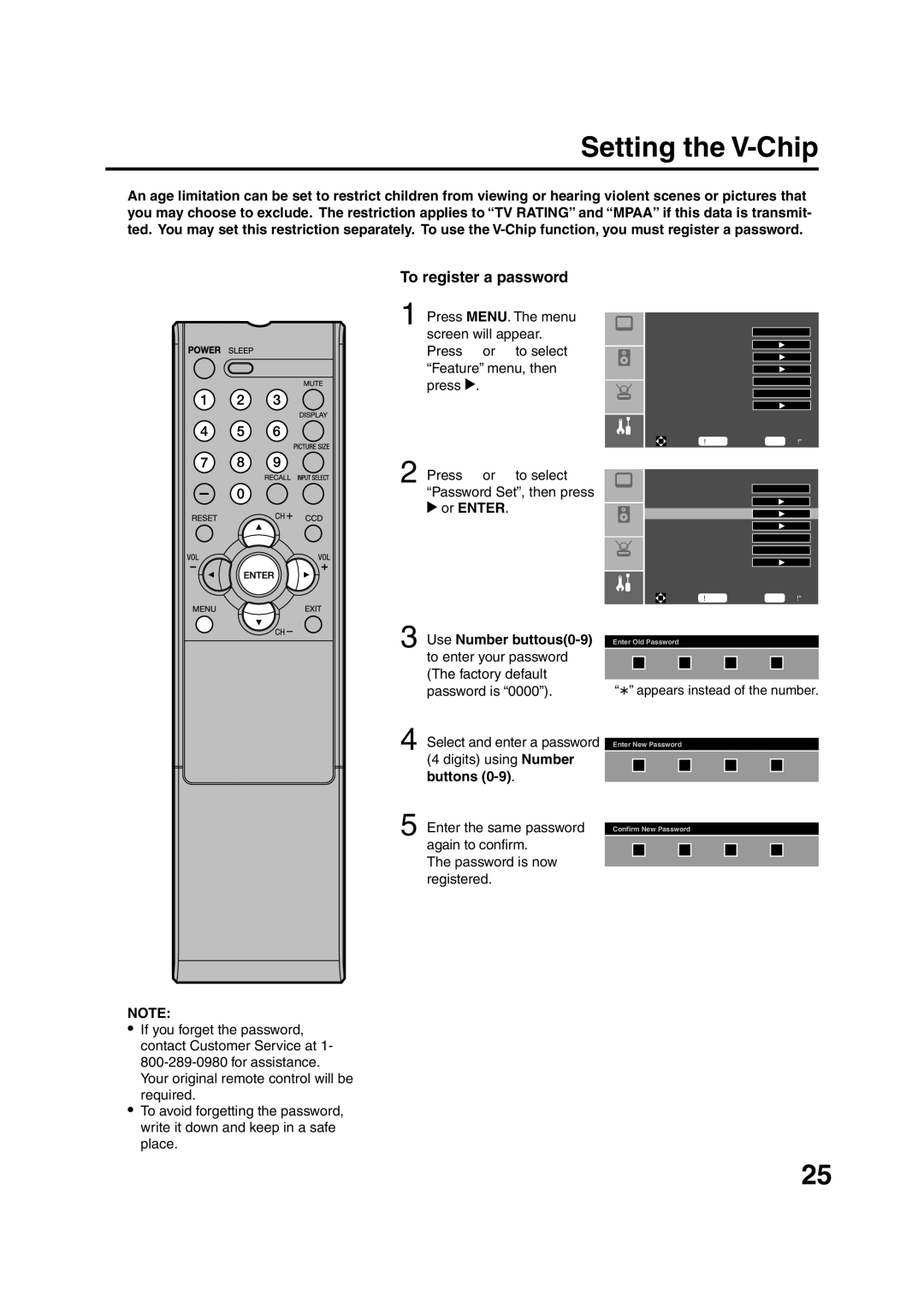 Sansui HDLCD1900 owner manual Setting the V-Chip, To register a password, Buttons, Password is now registered 