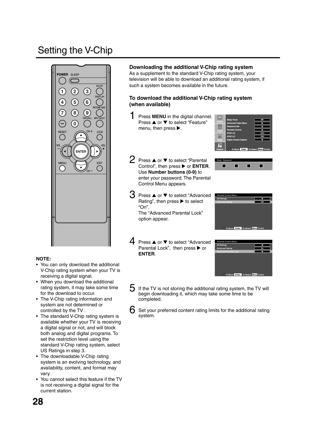 Sansui HDLCD1900 owner manual Downloading the additional V-Chip rating system, Or Enter Use Number buttons 0-9 to 