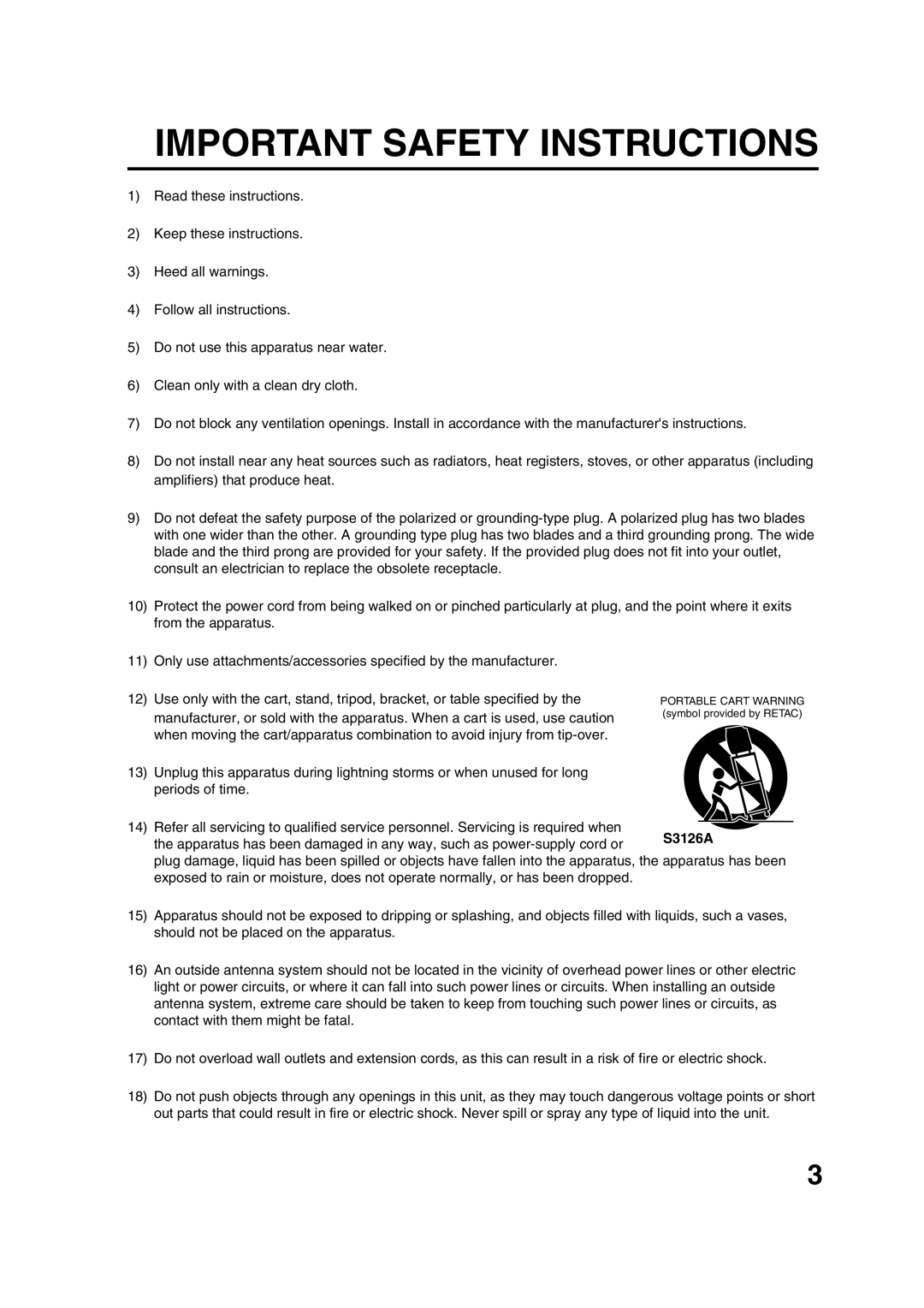 Sansui HDLCD1900 owner manual Important Safety Instructions, S3126A 