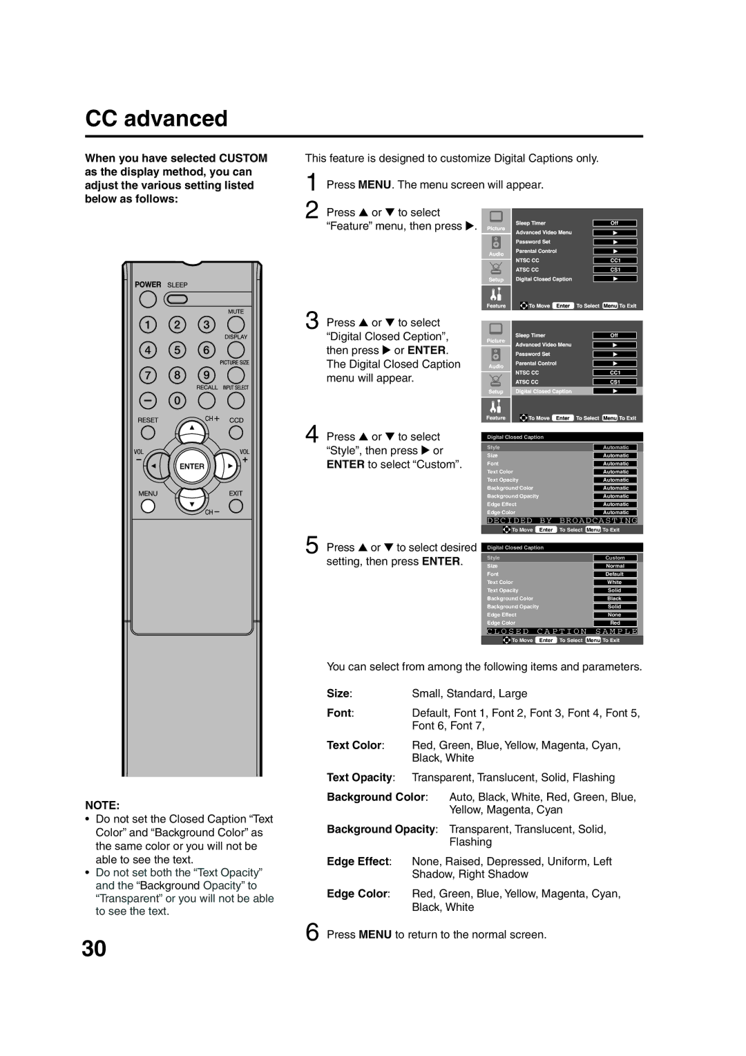 Sansui HDLCD1900 owner manual CC advanced, Style, then press, Enter to select Custom 