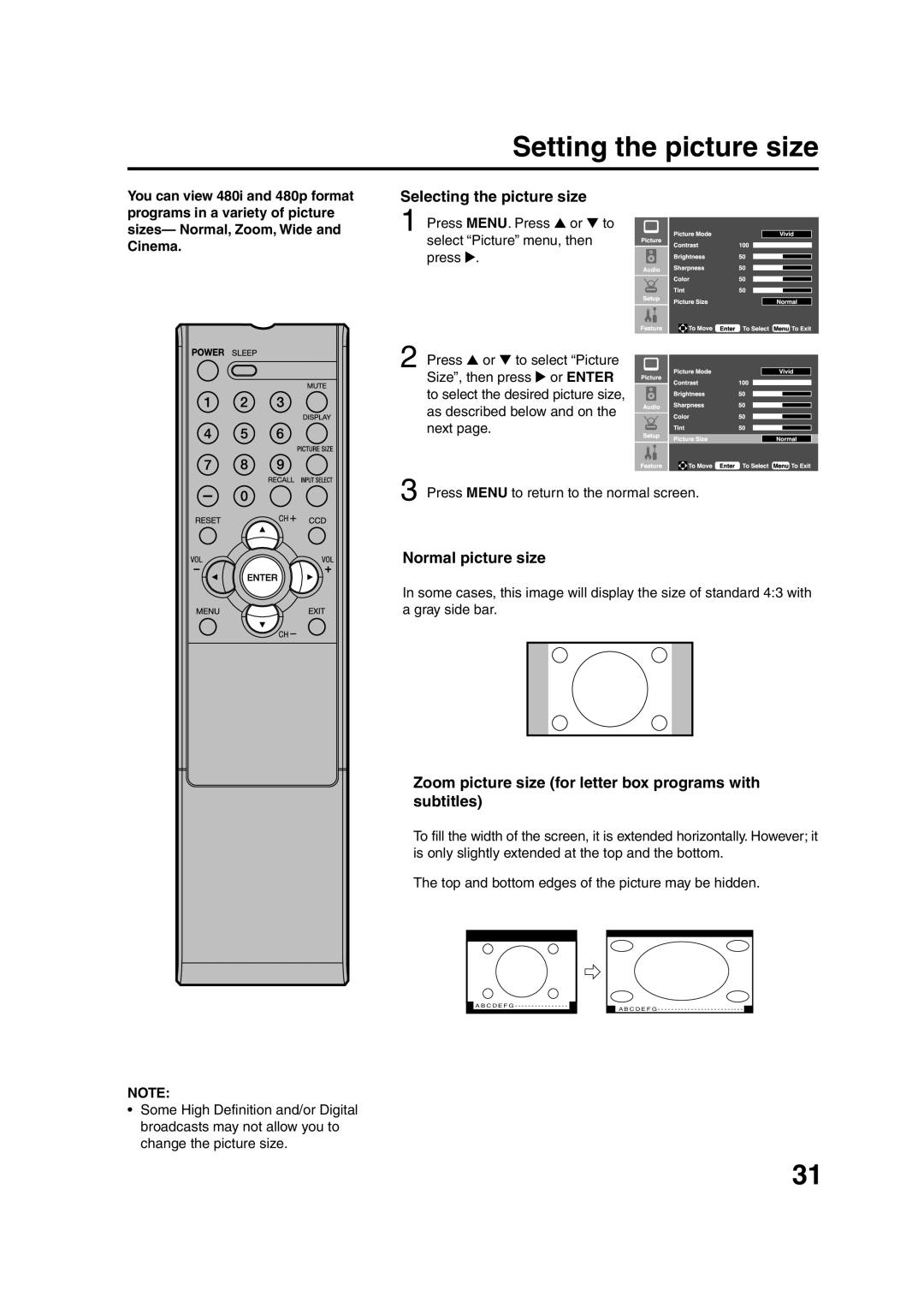 Sansui HDLCD1900 owner manual Setting the picture size, Selecting the picture size, Normal picture size 