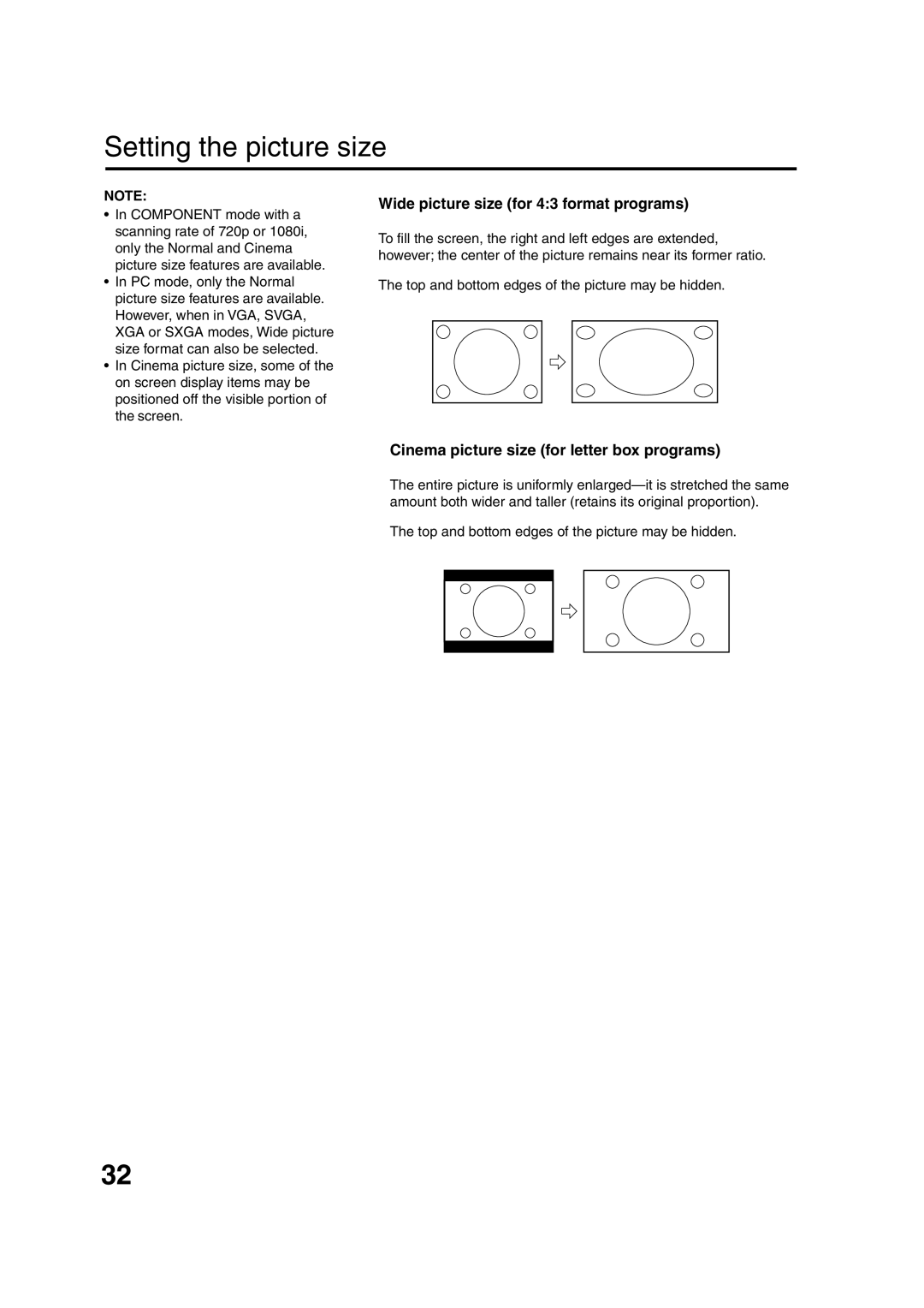 Sansui HDLCD1900 owner manual Wide picture size for 43 format programs, Cinema picture size for letter box programs 