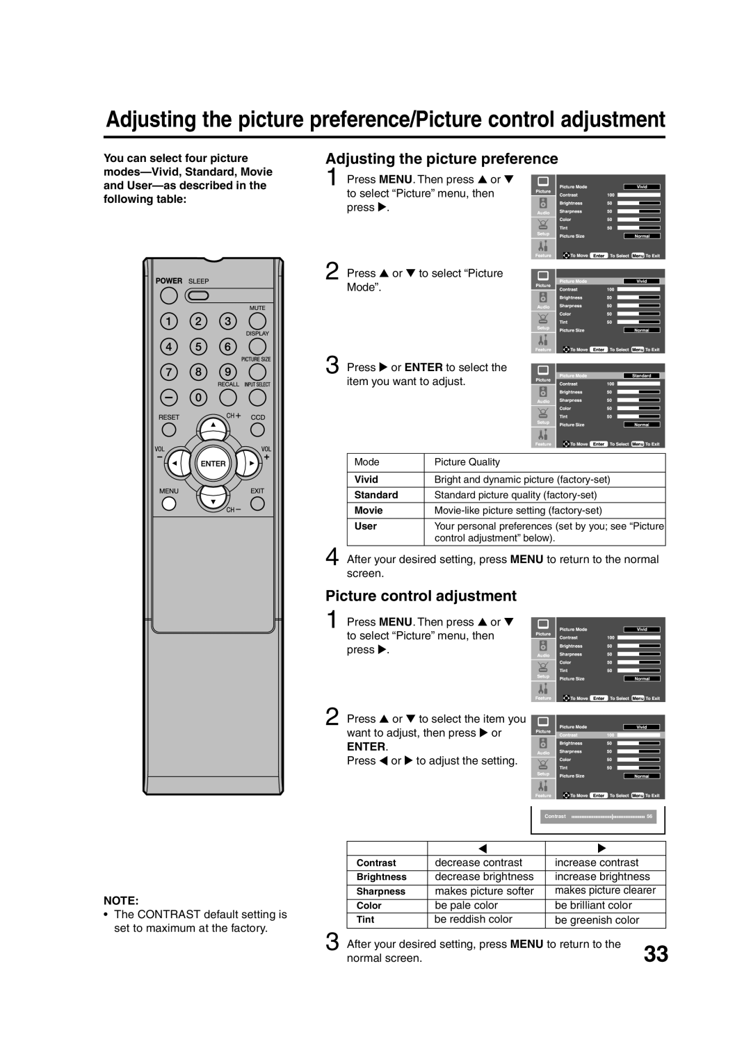 Sansui HDLCD1900 owner manual Adjusting the picture preference, Picture control adjustment 