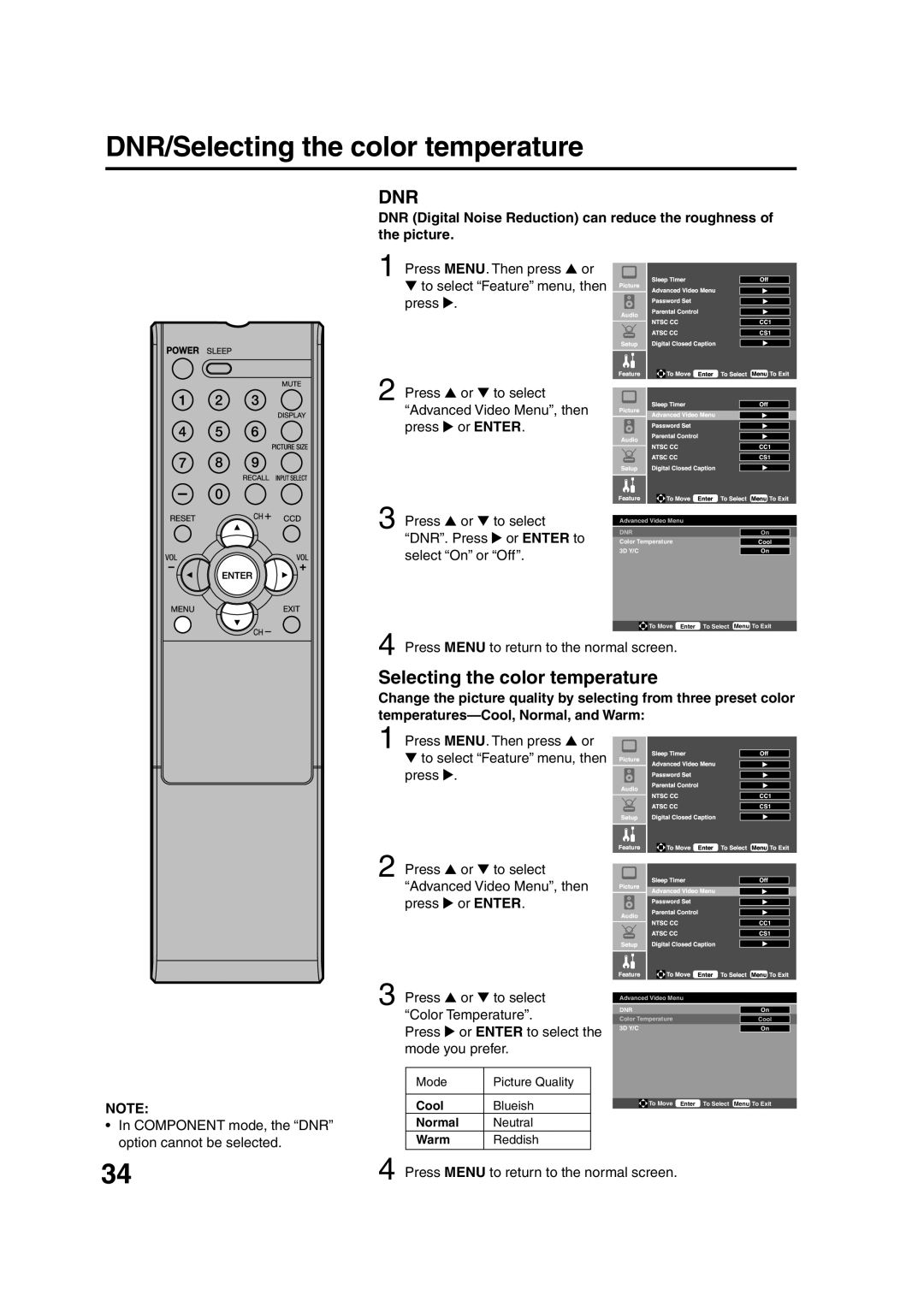 Sansui HDLCD1900 owner manual DNR/Selecting the color temperature, Press MENU. Then press or To select Feature menu, then 