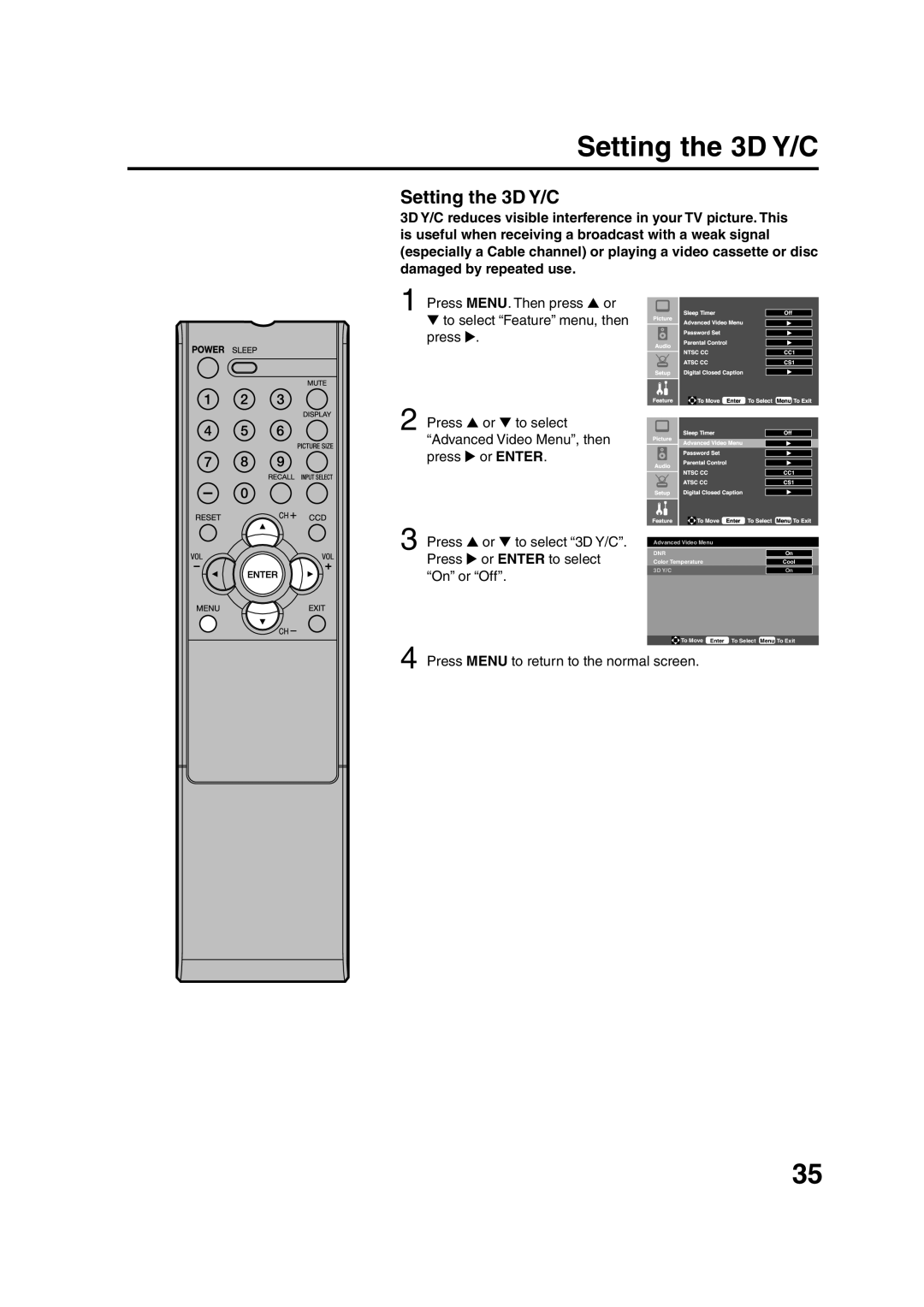 Sansui HDLCD1900 owner manual Setting the 3D Y/C 