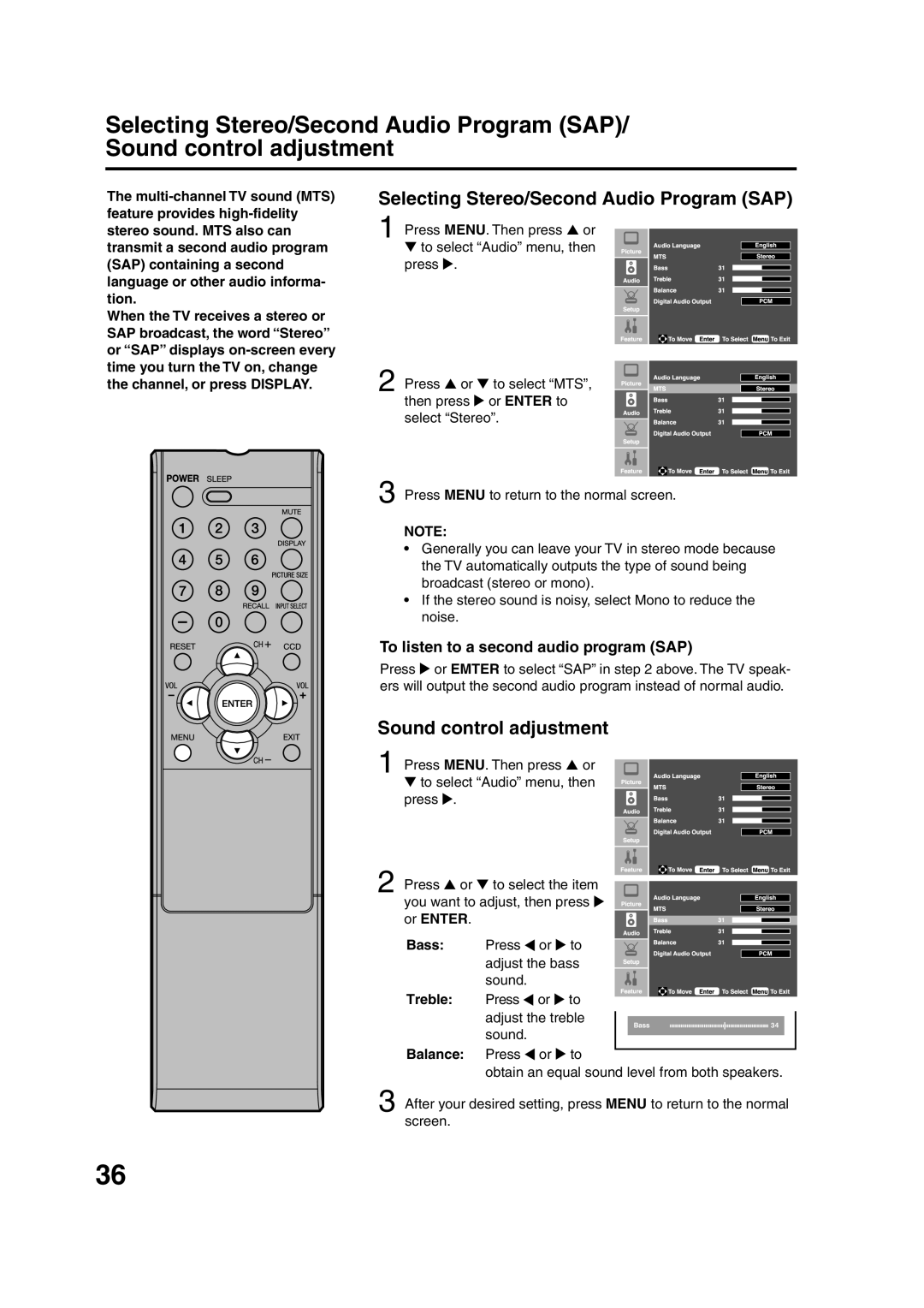 Sansui HDLCD1900 owner manual Selecting Stereo/Second Audio Program SAP, Sound control adjustment 