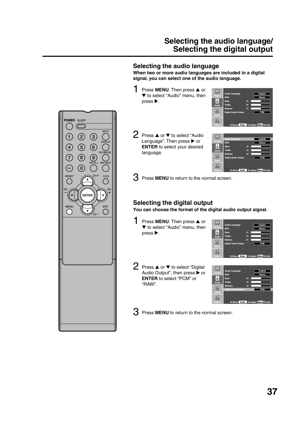 Sansui HDLCD1900 owner manual Selecting the audio language, Selecting the digital output 