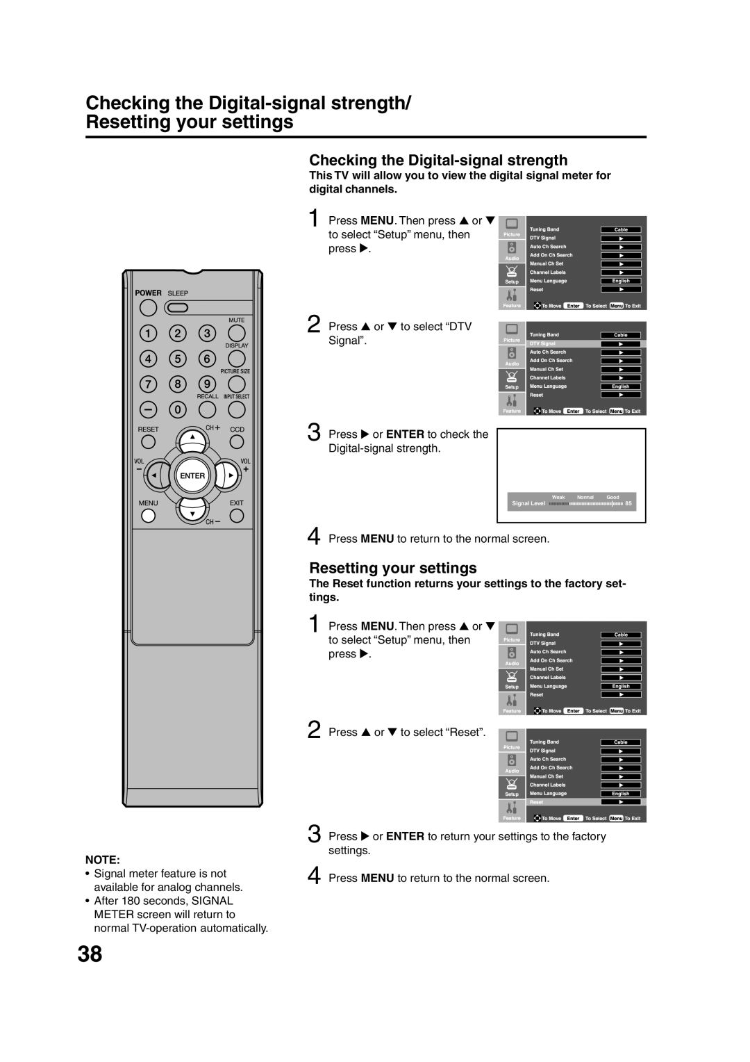 Sansui HDLCD1900 owner manual Checking the Digital-signal strength, Resetting your settings 