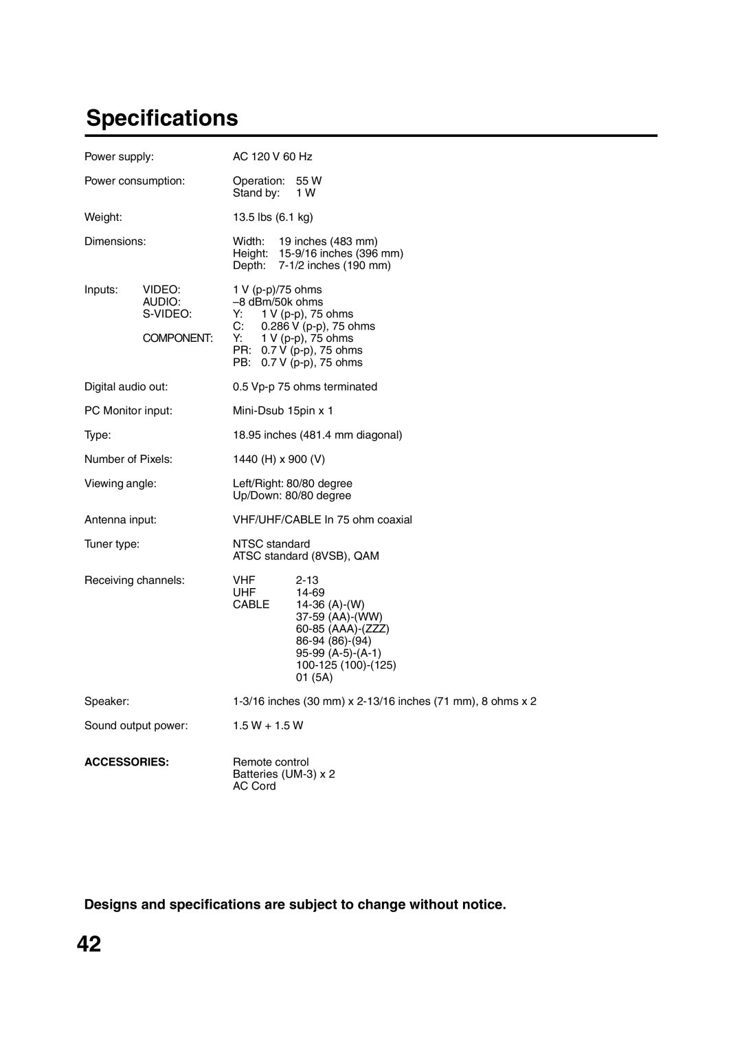 Sansui HDLCD1900 owner manual Specifications, Video, Component, Vhf Uhf, Cable 