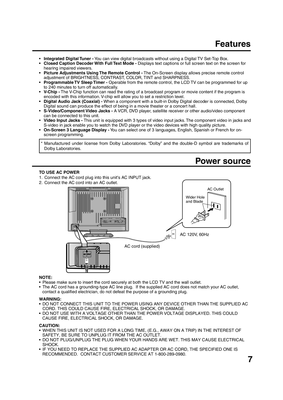 Sansui HDLCD1900 owner manual Features, Power source 