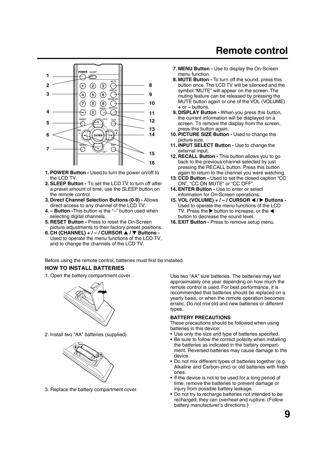 Sansui HDLCD1900 owner manual Remote control, HOW to Install Batteries 