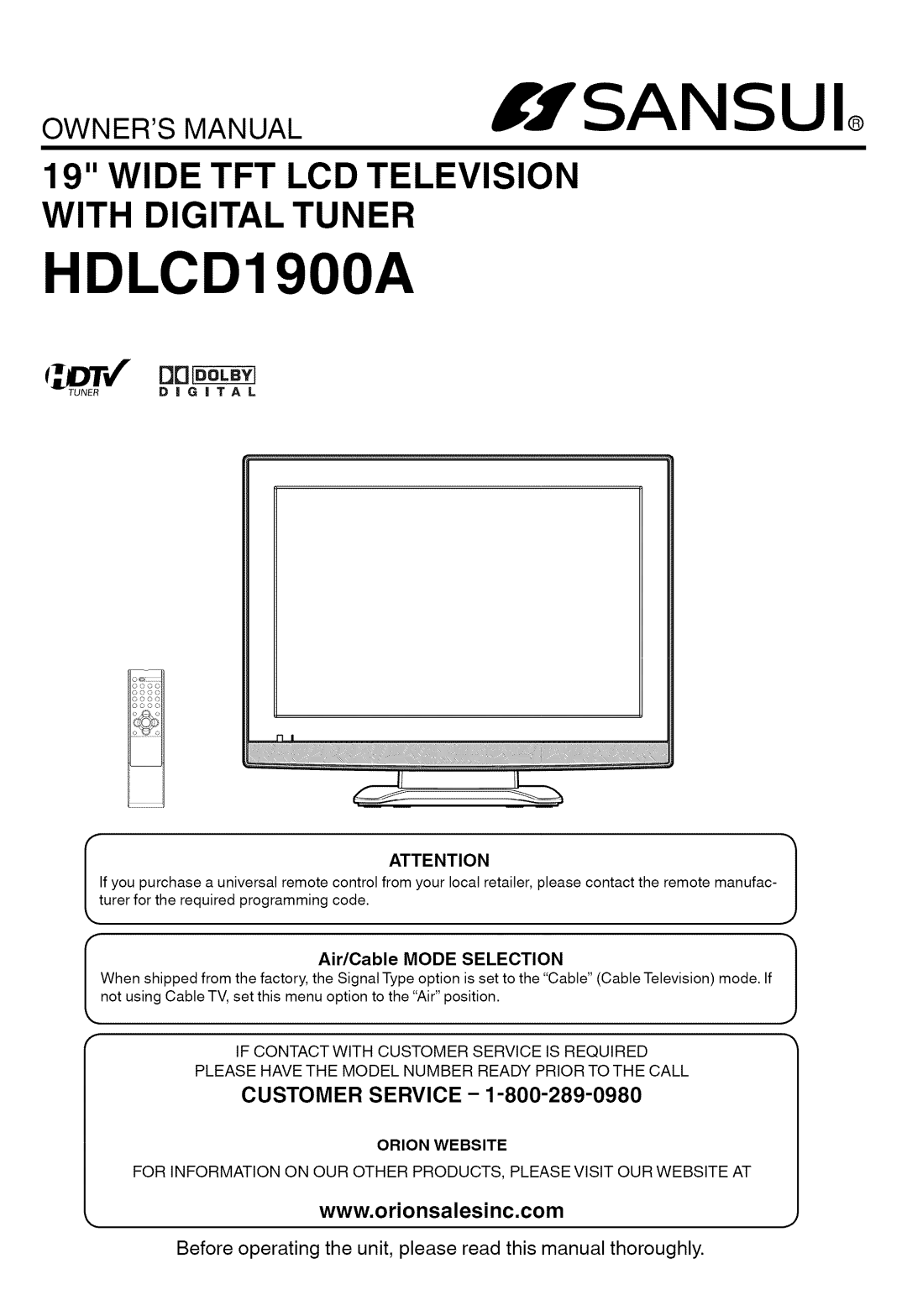 Sansui HDLCD1900A manual OW.E.S !.f SAN, Air/Cable Mode Selection 