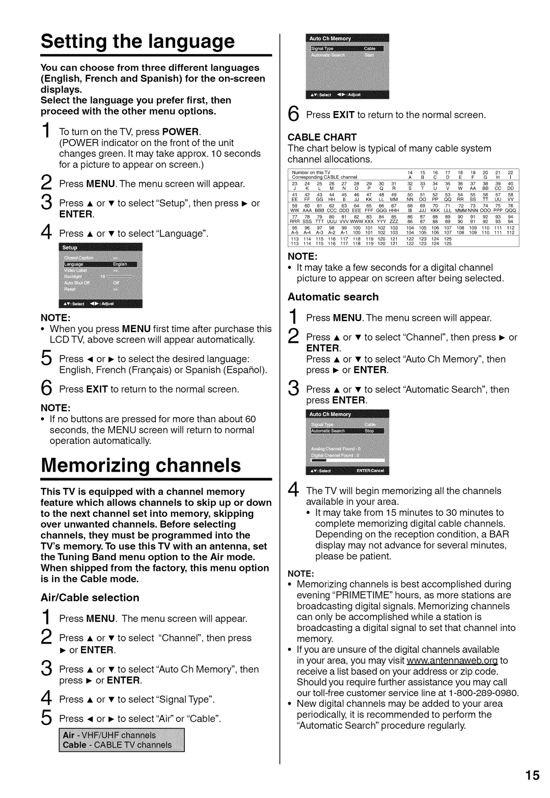 Sansui HDLCD1900A manual Setting the language, Memorizing channels, Air/Cable selection, Automatic search, Enter 