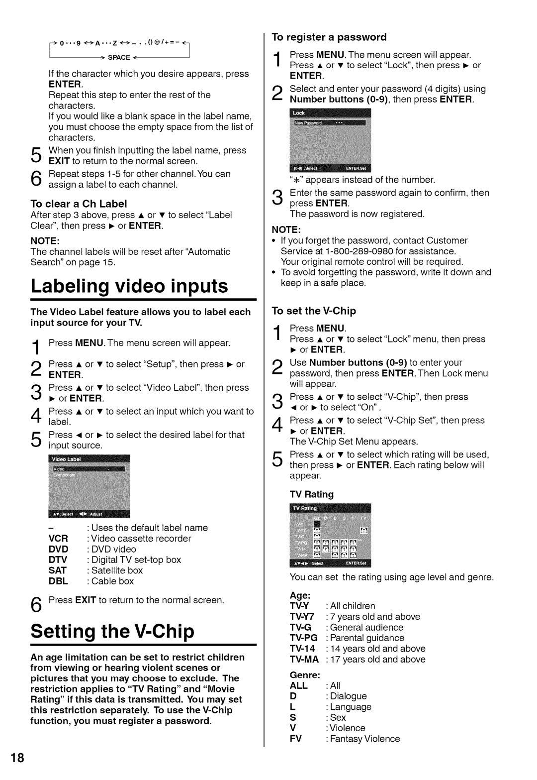 Sansui HDLCD1900A manual Labeling video inputs, Setting the V-Chip, To set the V-Chip 