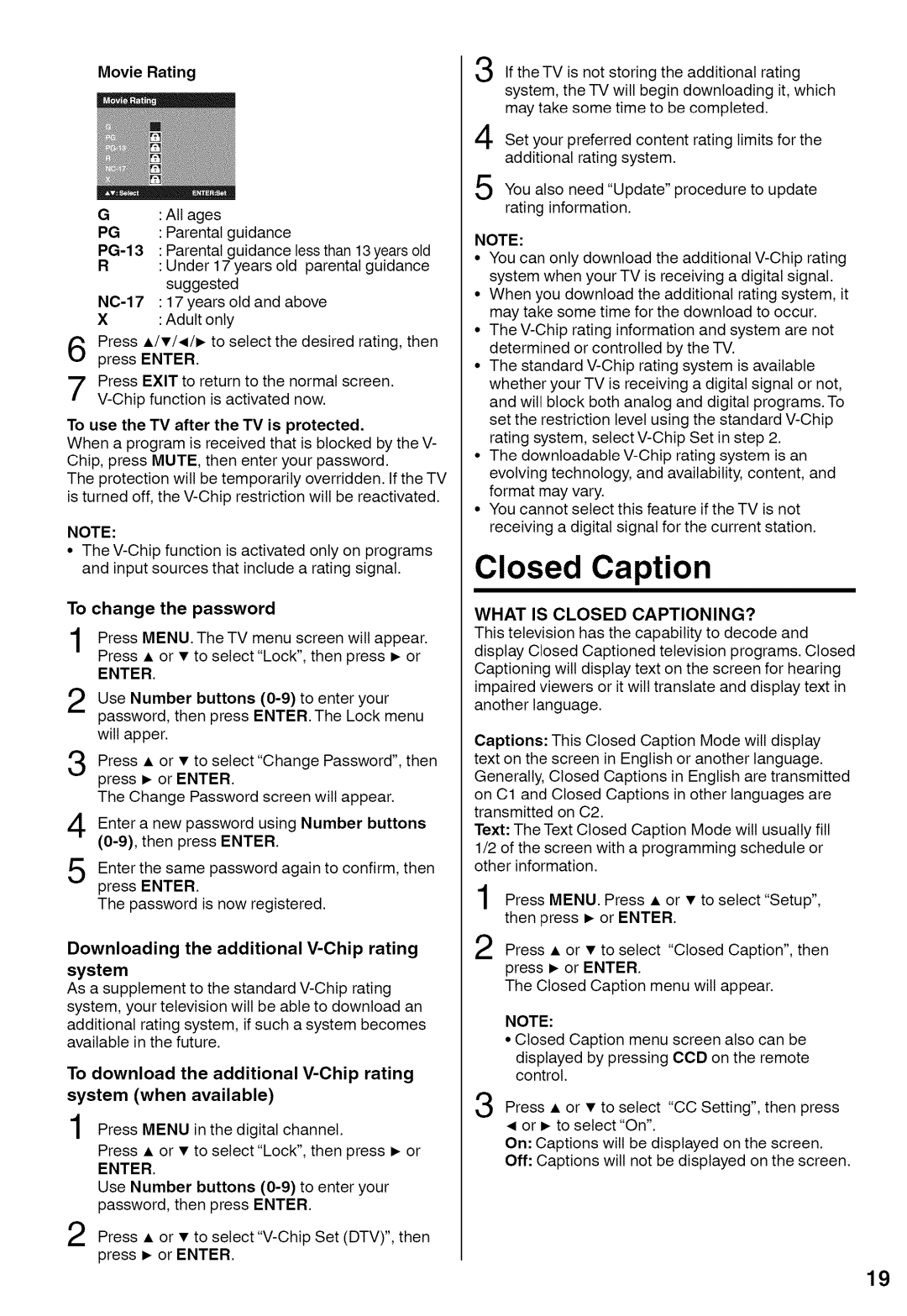 Sansui HDLCD1900A manual Closed Caption, To change the password 