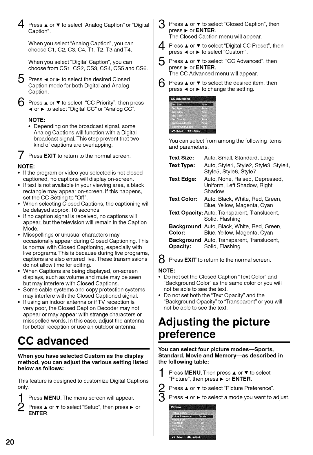 Sansui HDLCD1900A manual CC advanced, Adjusting the picture preference 