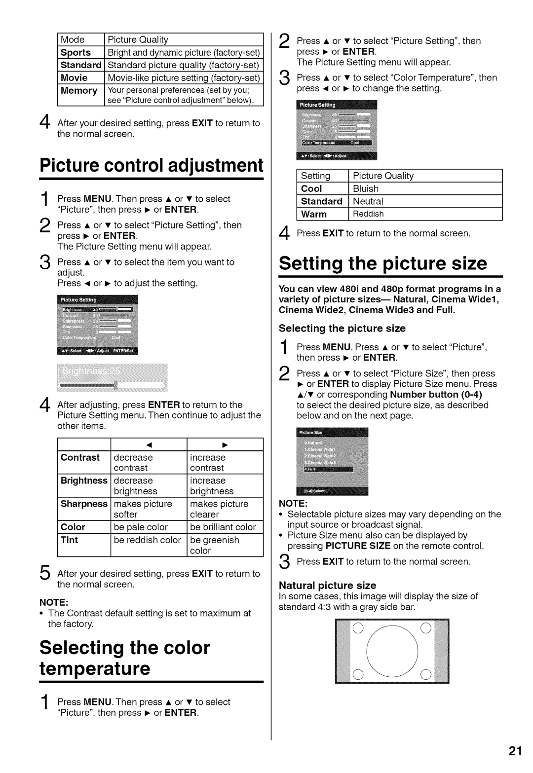 Sansui HDLCD1900A manual Picture control adjustment, Selecting the color temperature, Natural picture size 