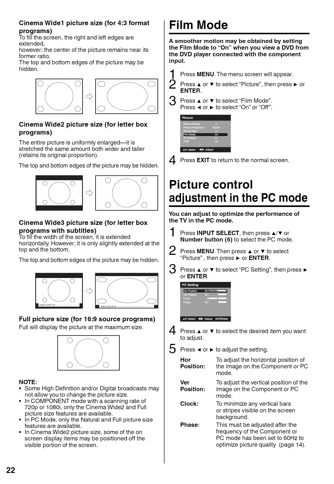 Sansui HDLCD1900A manual Film Mode, Programs, Full picture size for 169 source programs 