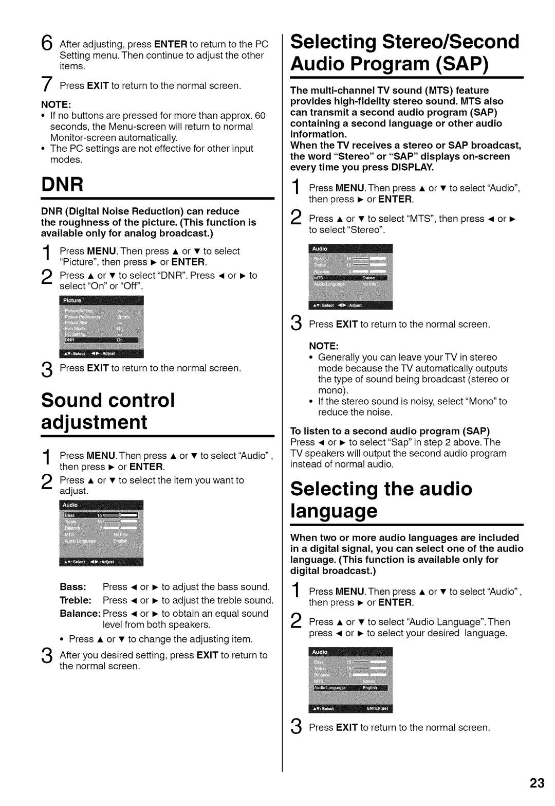 Sansui HDLCD1900A manual Sound control adjustment, Audio Program SAP, Language, To listen to a second audio program SAP 