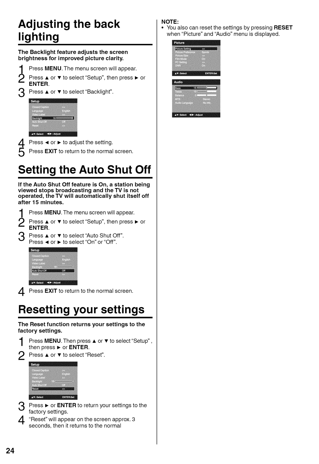 Sansui HDLCD1900A manual Adjusting the back lighting, Resetting your settings 