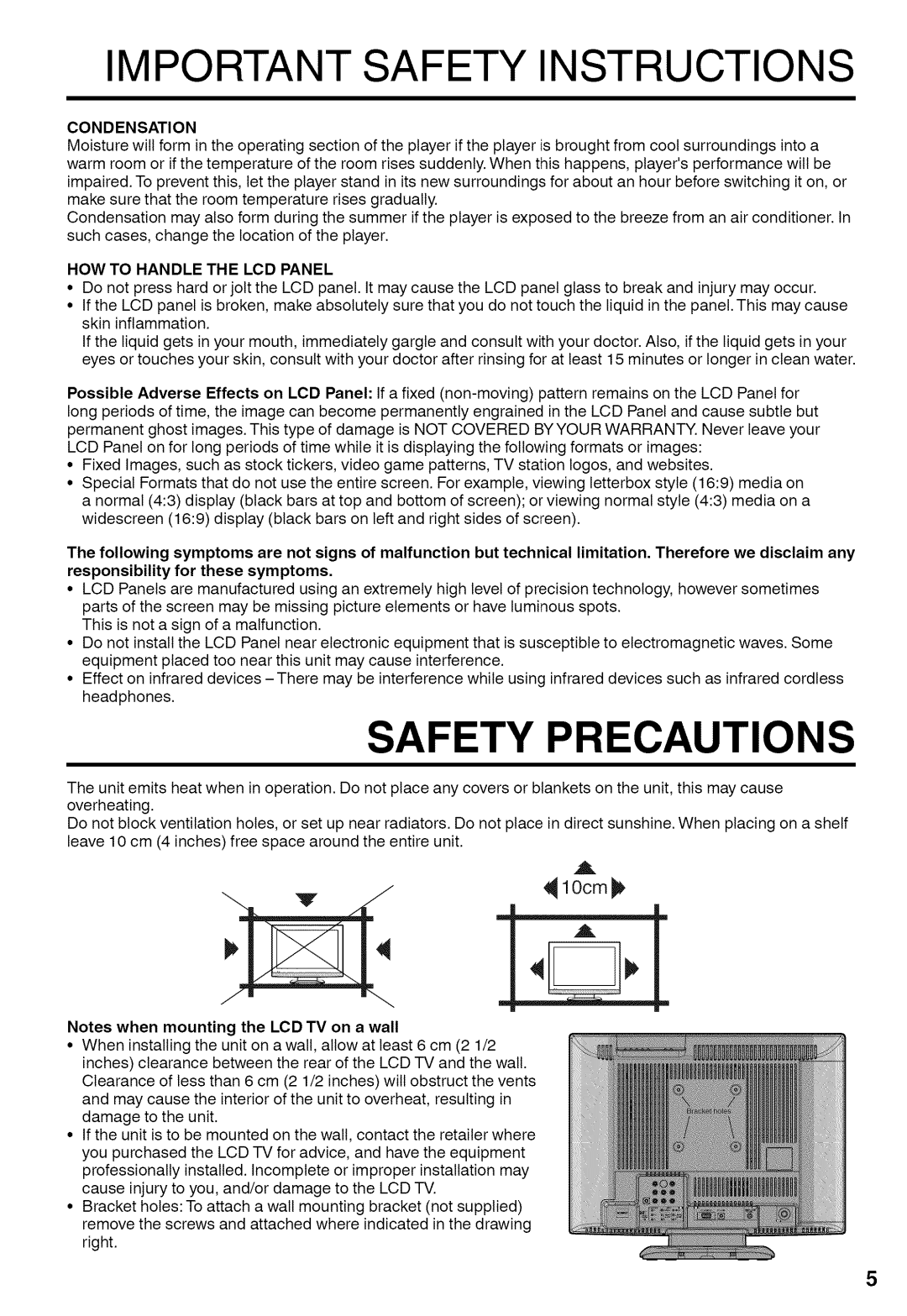 Sansui HDLCD1900A manual Condensation, HOW to Handle the LCD Panel 