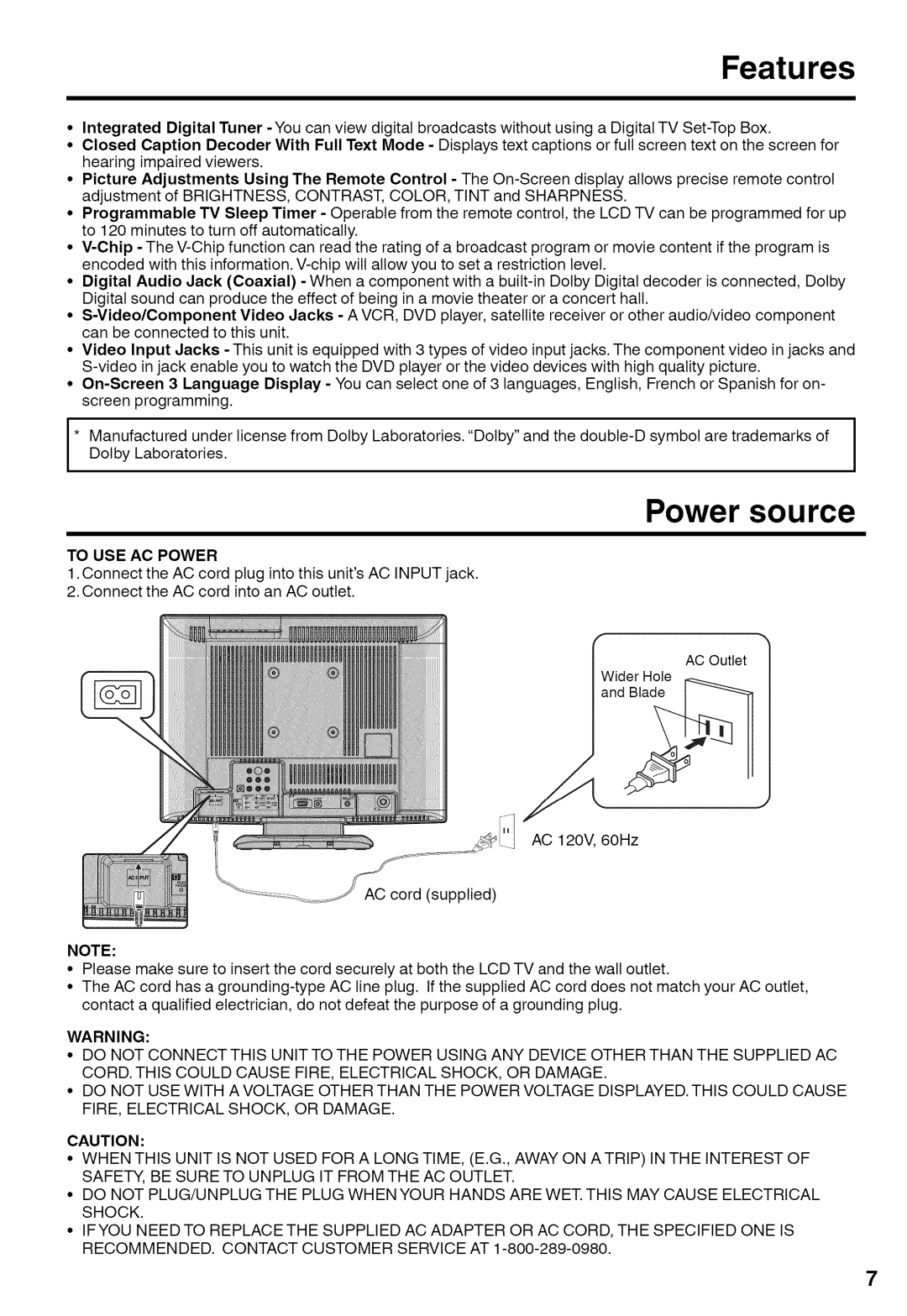 Sansui HDLCD1900A manual Features, Power source, To USE AC Power 