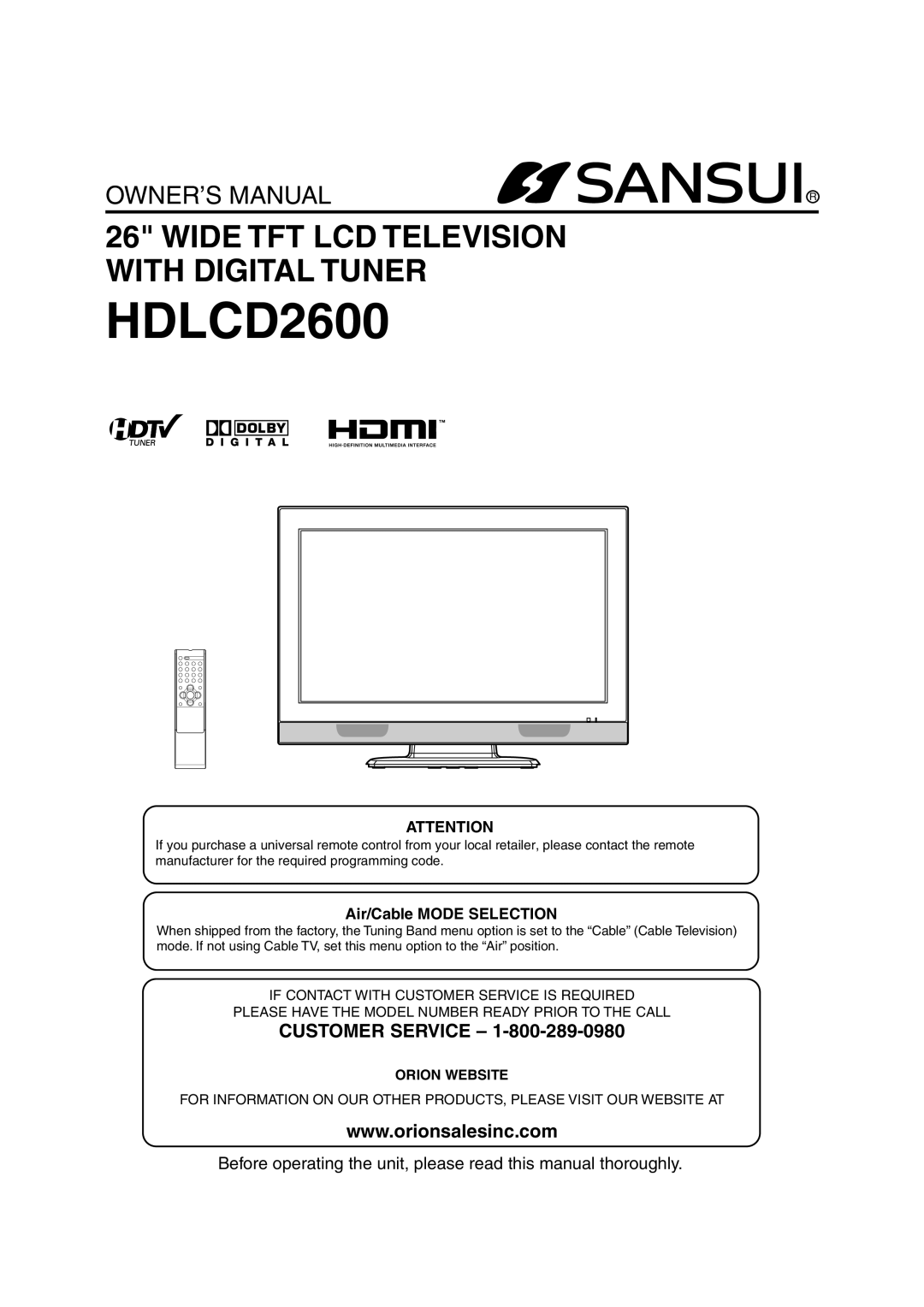 Sansui HDLCD2600 owner manual Customer Service, Air/Cable Mode Selection 