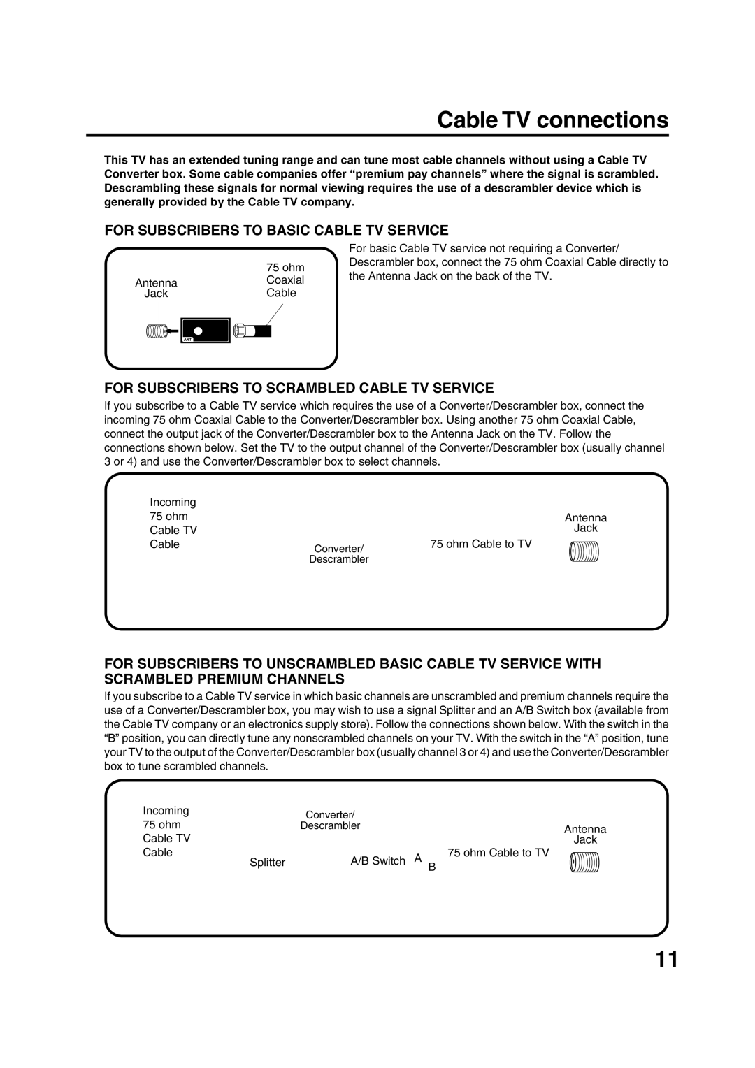 Sansui HDLCD2600 owner manual Cable TV connections, For Subscribers to Basic Cable TV Service 