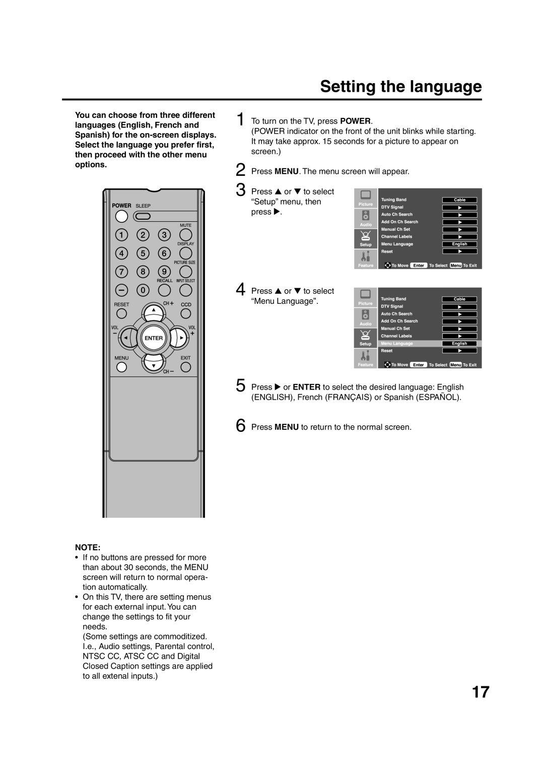 Sansui HDLCD2600 owner manual Setting the language 