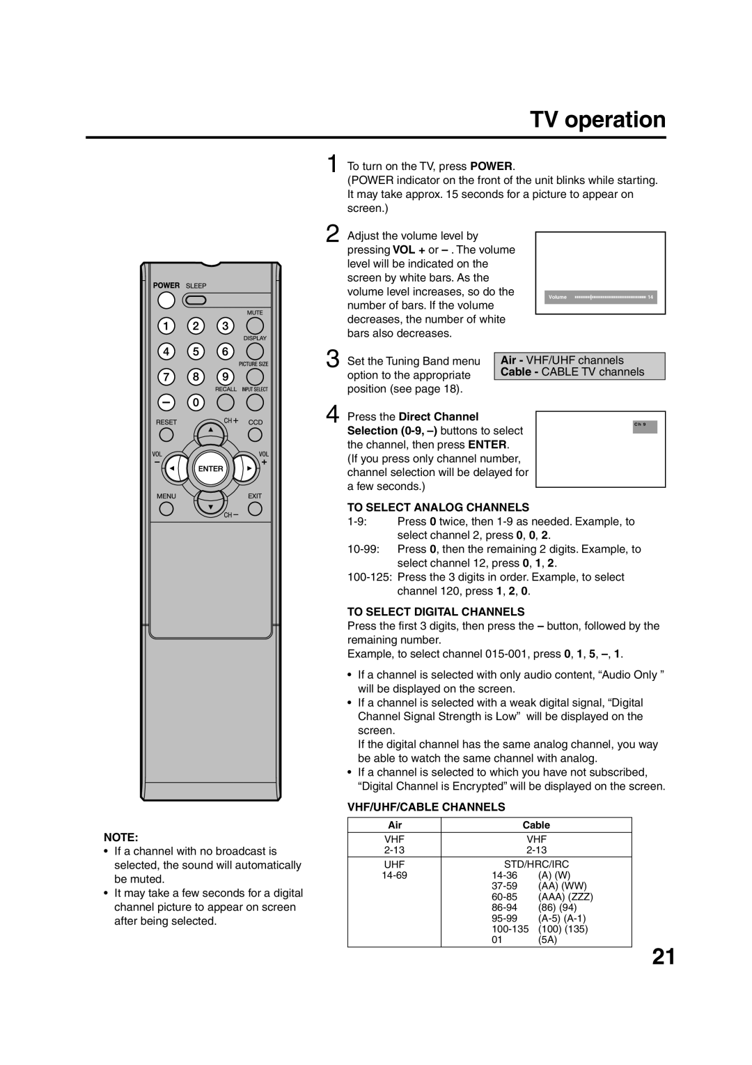 Sansui HDLCD2600 owner manual TV operation, Press the Direct Channel Selection 0-9, buttons to select 