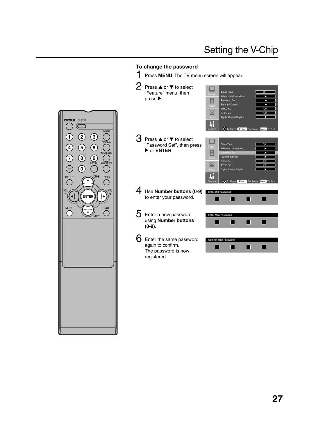 Sansui HDLCD2600 owner manual To change the password, Use Number buttons 0-9 to enter your password 