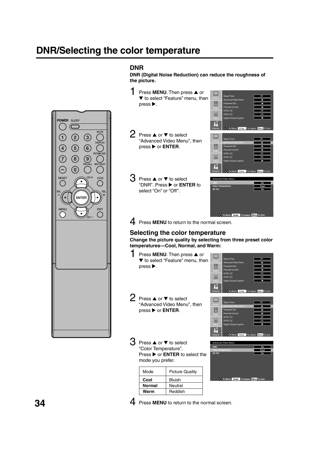 Sansui HDLCD2600 owner manual DNR/Selecting the color temperature 