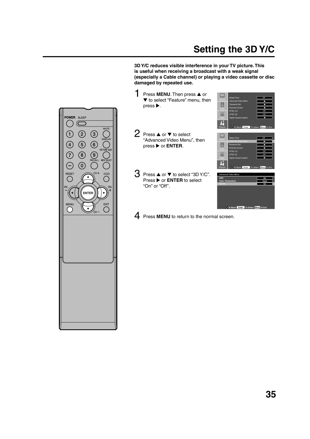 Sansui HDLCD2600 owner manual Setting the 3D Y/C 