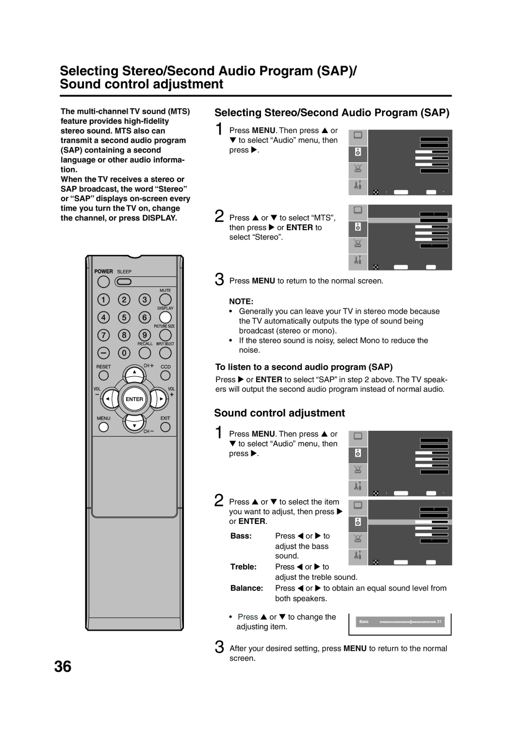 Sansui HDLCD2600 owner manual Selecting Stereo/Second Audio Program SAP, Sound control adjustment 