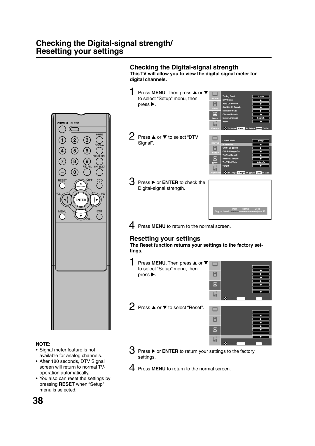 Sansui HDLCD2600 owner manual Checking the Digital-signal strength, Resetting your settings 