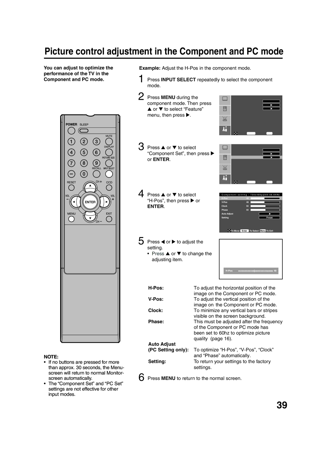 Sansui HDLCD2600 owner manual Picture control adjustment in the Component and PC mode, Auto Adjust 