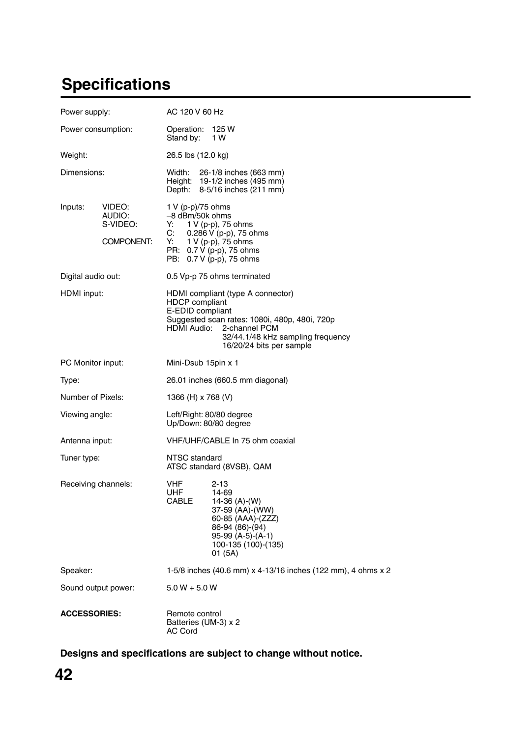 Sansui HDLCD2600 owner manual Specifications, Video, Component, Vhf Uhf, Cable 