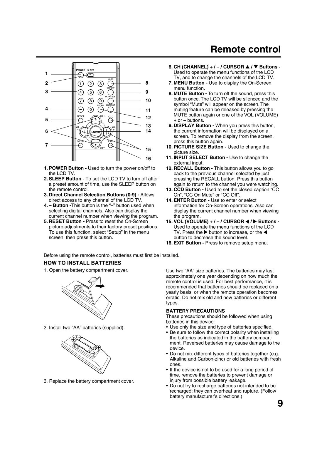 Sansui HDLCD2600 owner manual Remote control, HOW to Install Batteries 