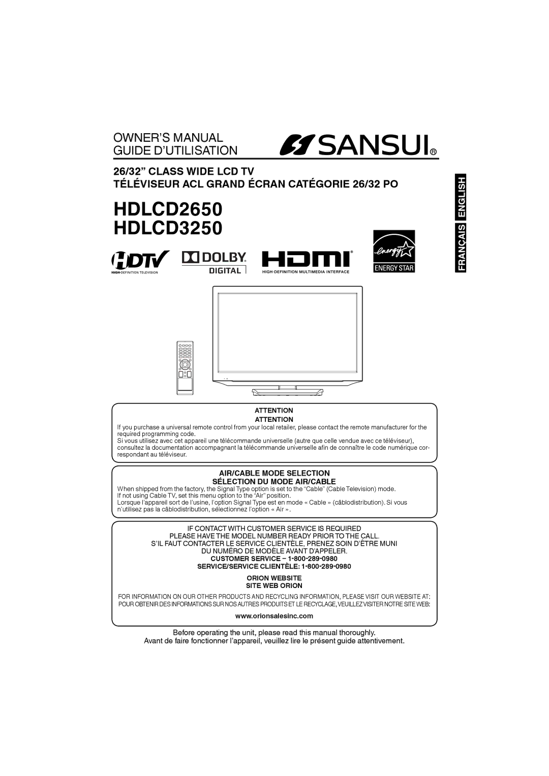 Sansui HDLCD3250, HDLCD2650 owner manual Customer Service, SERVICE/SERVICE Clientèle Orion Website Site WEB Orion 