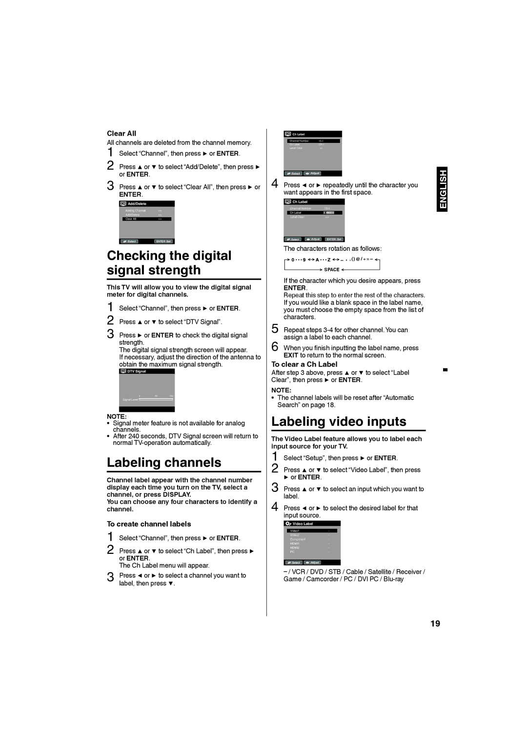 Sansui HDLCD3250, HDLCD2650 owner manual Labeling channels, To create channel labels 