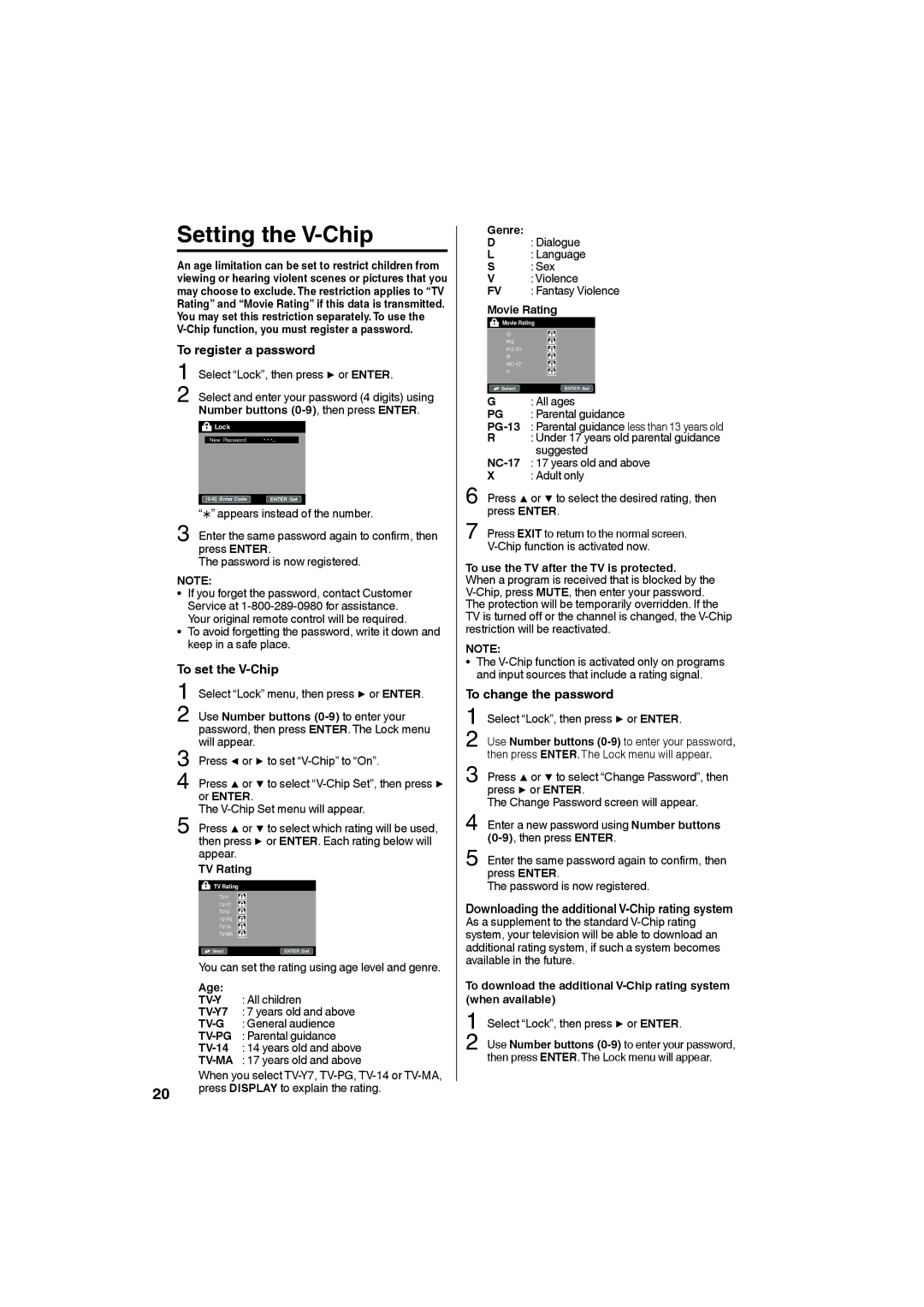 Sansui HDLCD2650, HDLCD3250 Setting the V-Chip, To register a password, To set the V-Chip, To change the password 