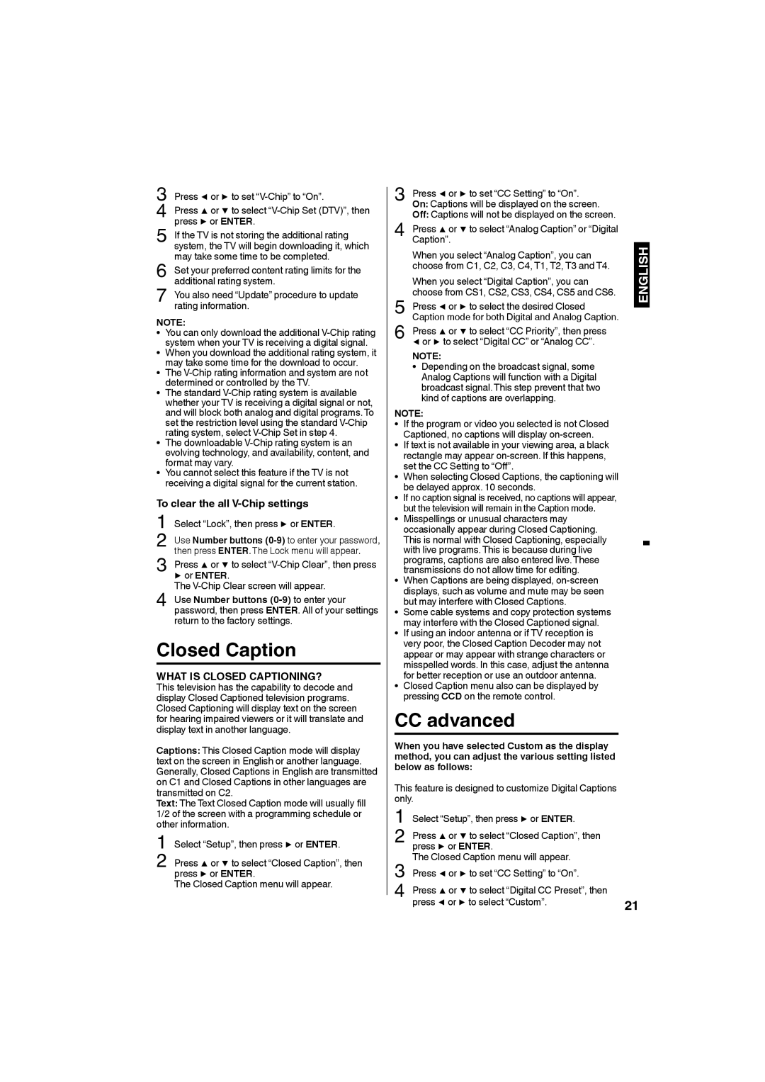 Sansui HDLCD3250, HDLCD2650 owner manual Closed Caption, CC advanced, To clear the all V-Chip settings, Or Enter 